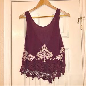 Loose burgundy crop tank with gold embroidery